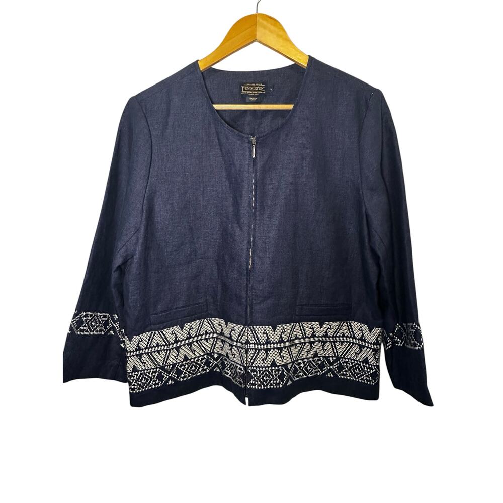 Pendleton Linen Blend Blazer Jacket L Navy Southwest Trim Zip Front Boho Coastal
